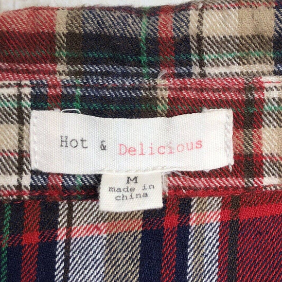 Hot & Delicious Red Blue White Plaid Flannel Shirt Medium Long Length Grunge - Picture 4 of 8